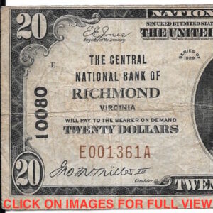 RICHMOND, Virginia $20 *THE CENTRAL NATIONAL BANK OF RICHMOND* ch#10080 V.G.
