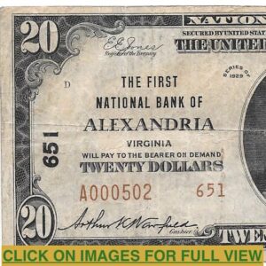 ALEXANRIA, Virginia $20 *THE FIRST NATIONAL BANK OF ALEXANDRIA* ch#651 F. Type2